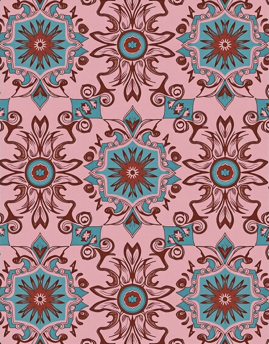 Pink Teal Brown Mandala Pattern Rug