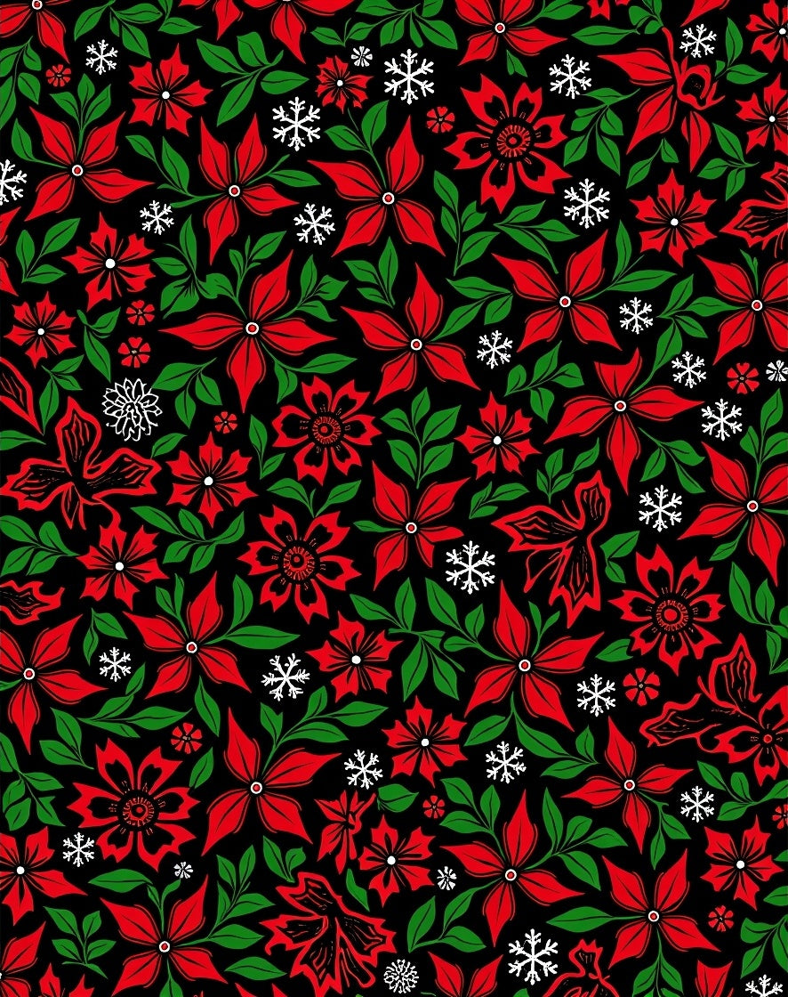Red Green Poinsettia Snowflake Blooms Rug