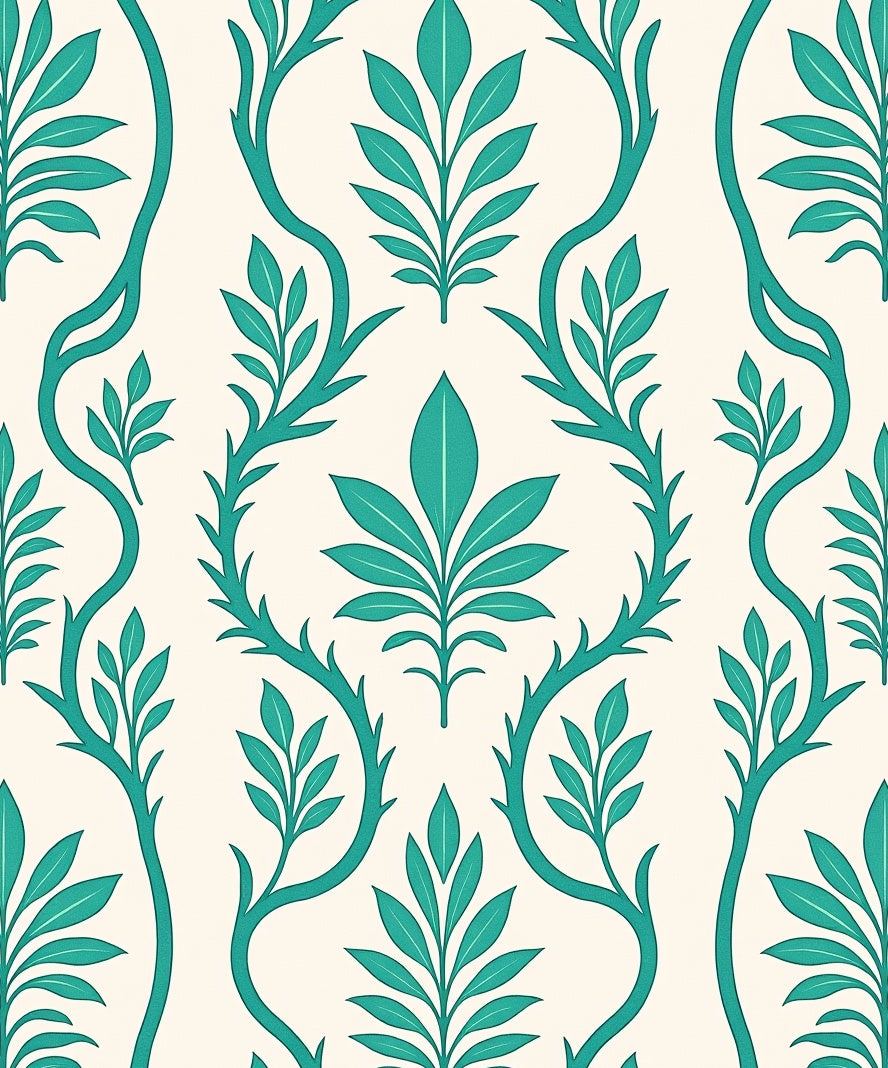 Teal Vine Leaf Damask Pattern Rug