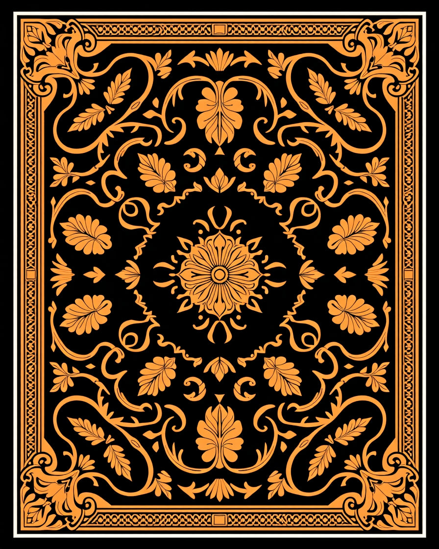 Ornate Black Orange Floral Scroll Rug