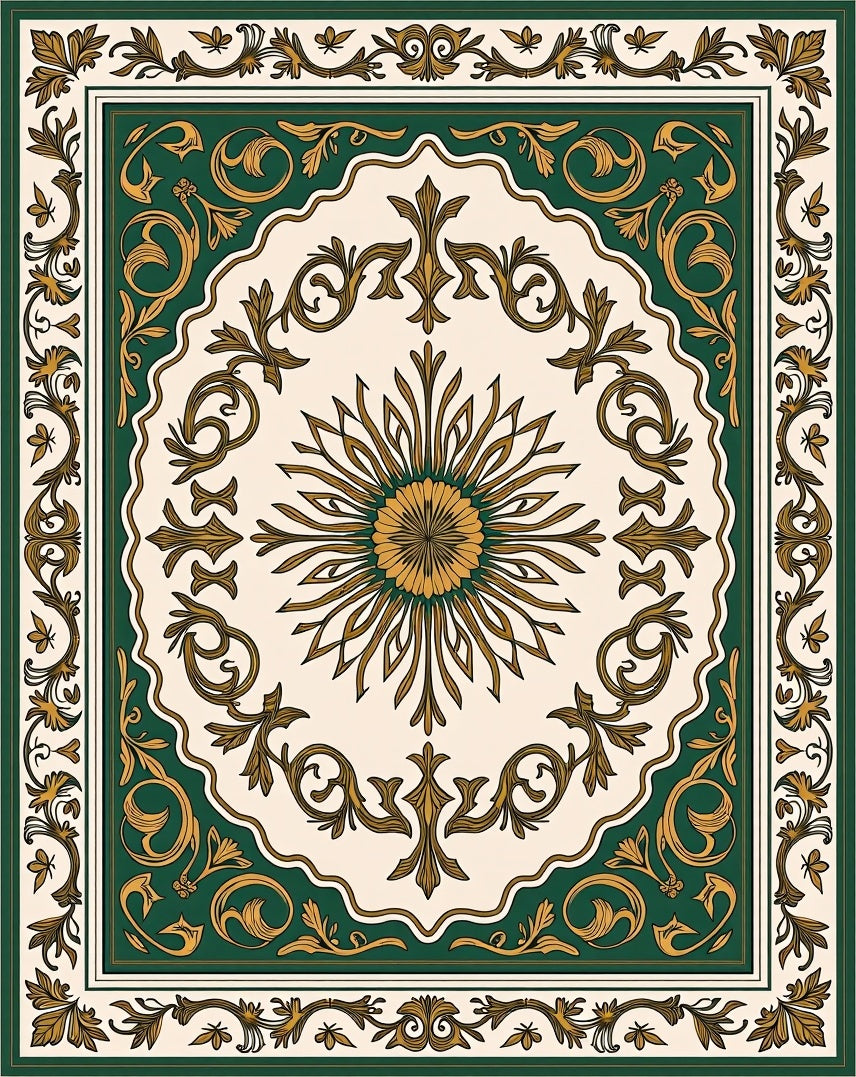 Ornate Green Gold Floral Pattern Rug