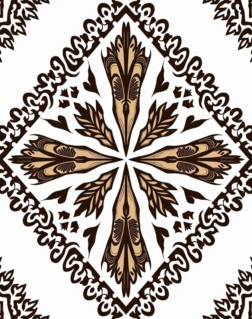Gilded Ornamental Scrollwork Diamond Pattern Rug