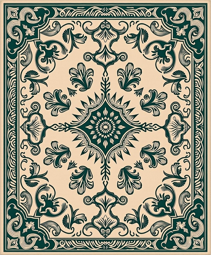 Dark Green Floral Scroll Traditional Rug