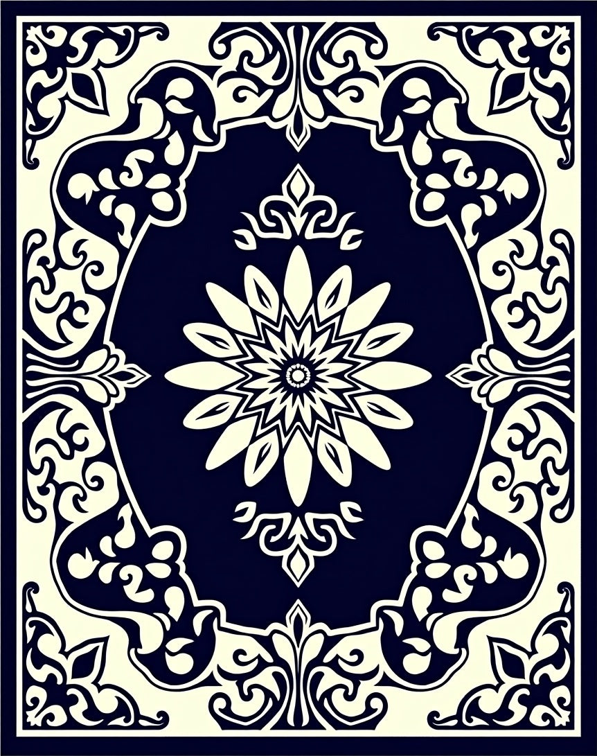 Dark Blue Ivory Floral Ornament Pattern Rug