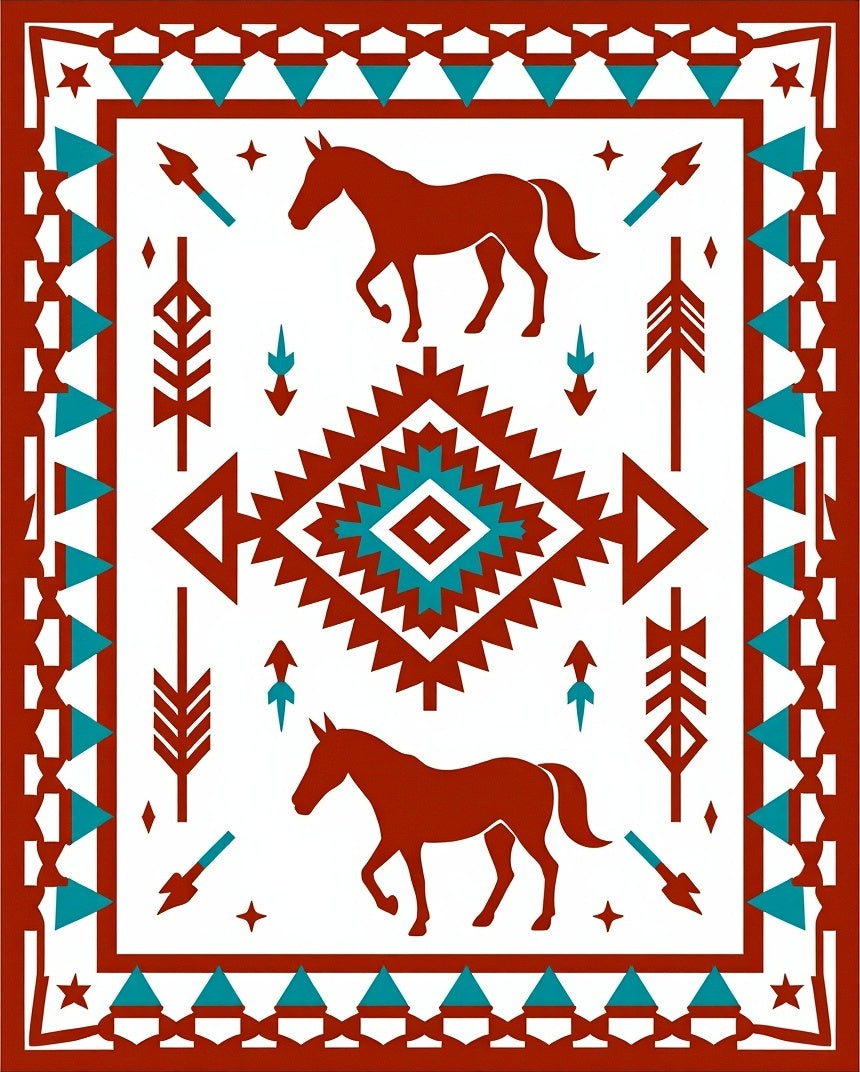 Rustic Horse Tribal Geometric Pattern Rug