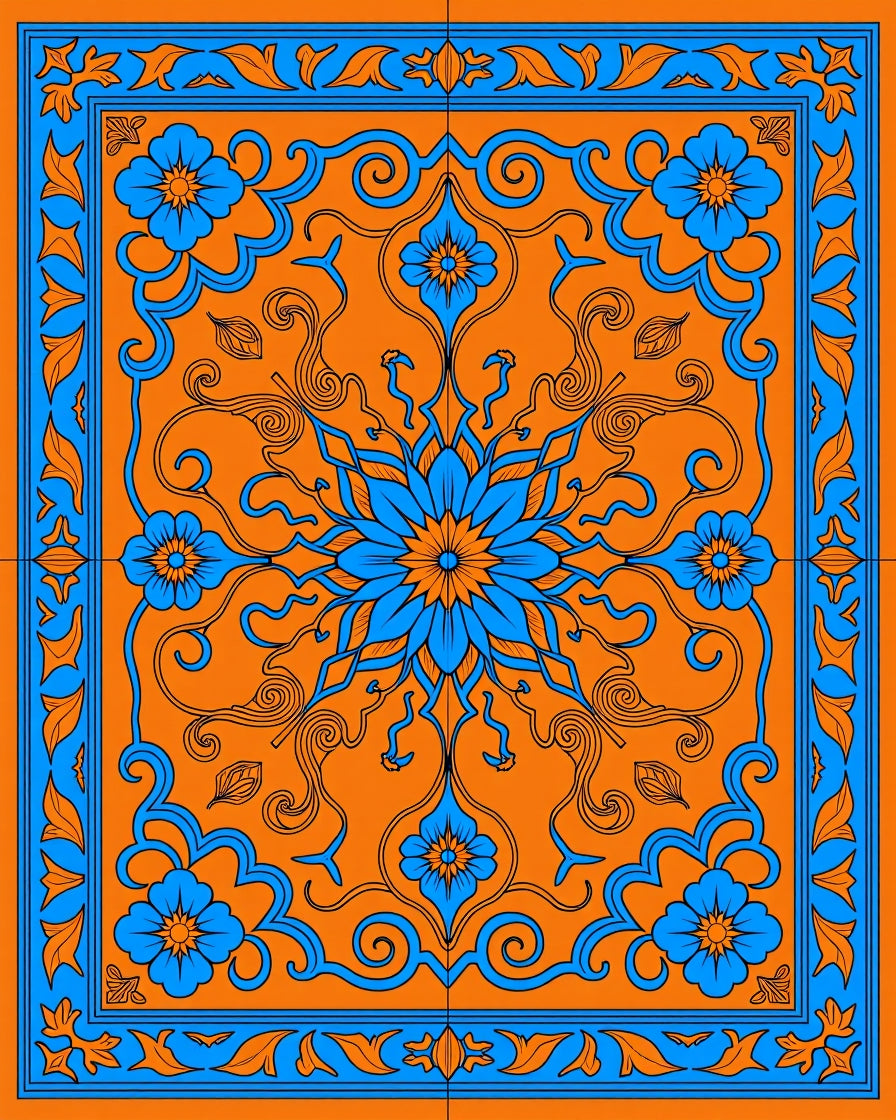 Vibrant Orange Blue Floral Medallion Rug