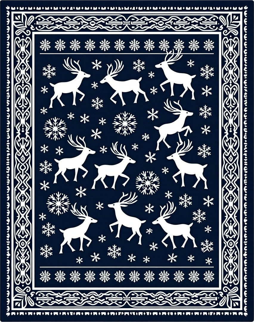 Navy White Festive Reindeer Snowflake Scene Rug