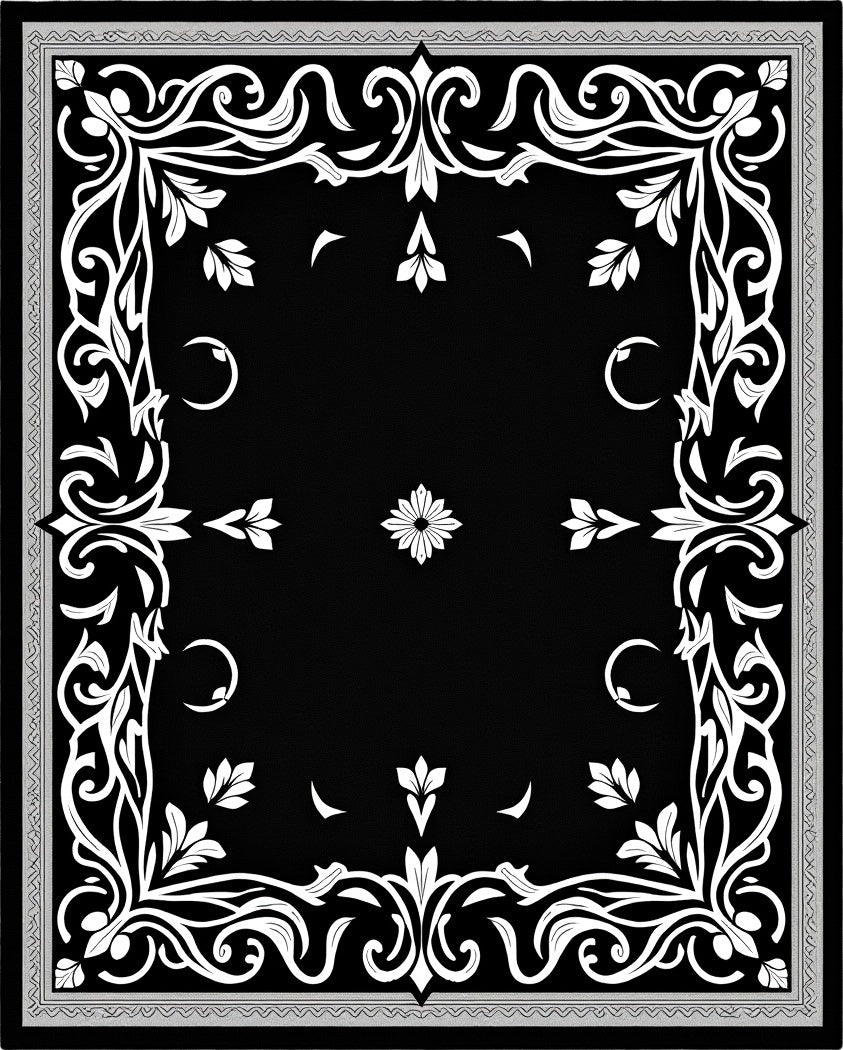 Black White Floral Scroll Border Rug