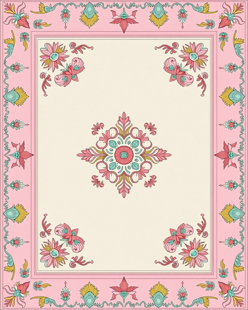 Delicate Floral Mandala Pink Teal Cream Design Rug