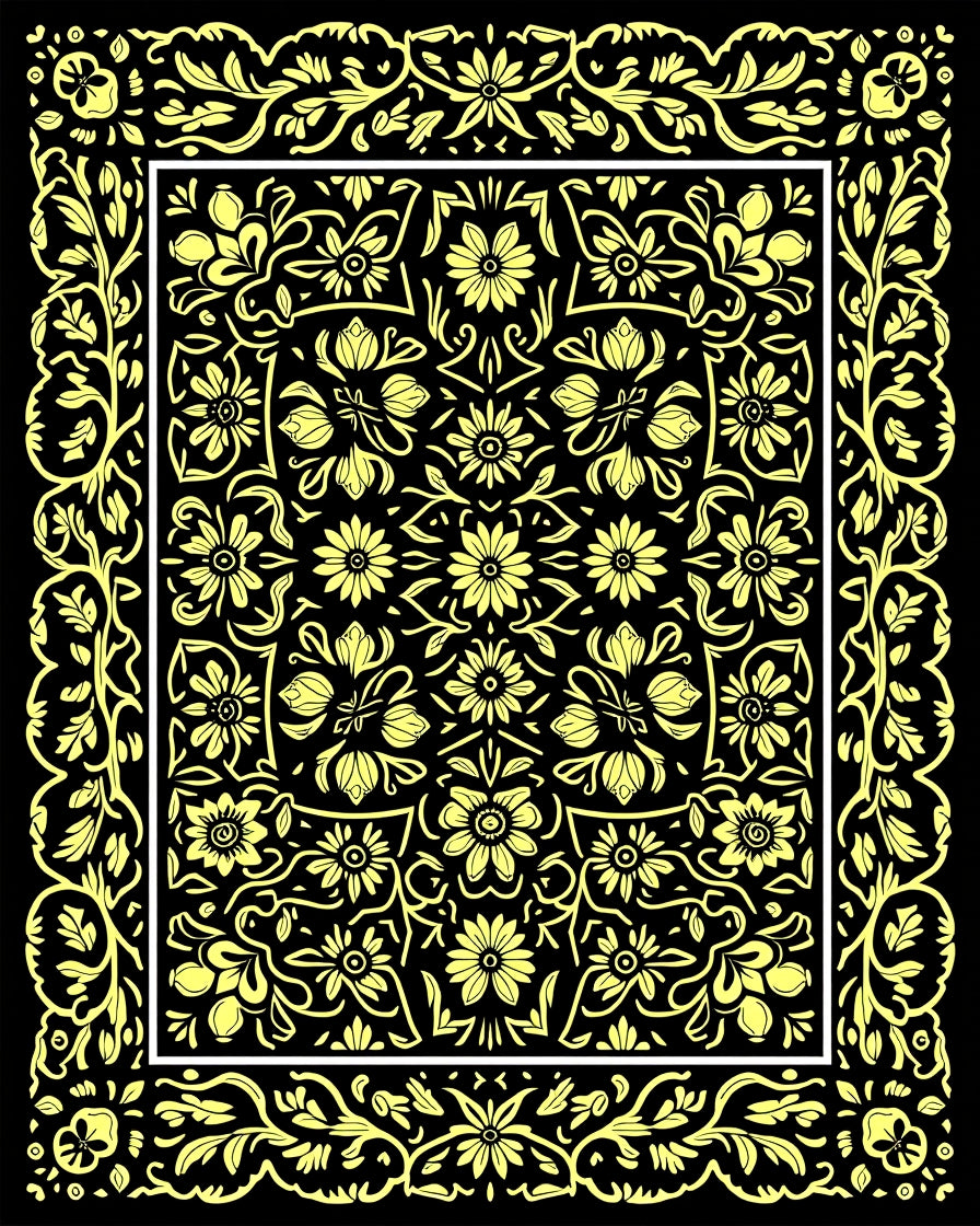 Yellow Floral Bordered Central Medallion Design Rug