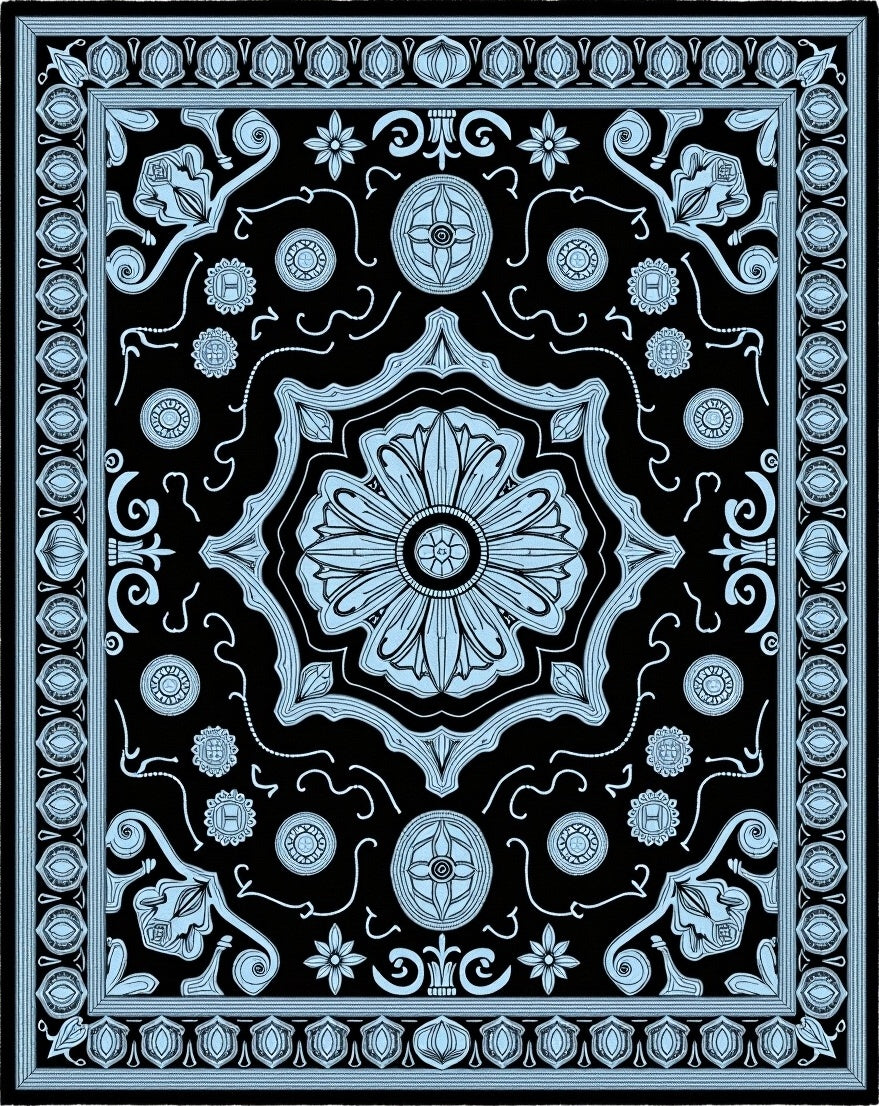 Ornate Floral Medallion Black Blue Rug