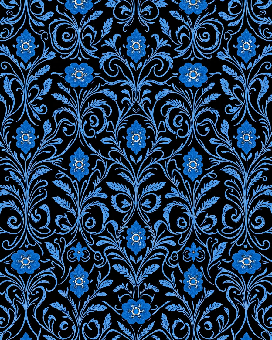 Blue Floral Scroll Patterned Rug