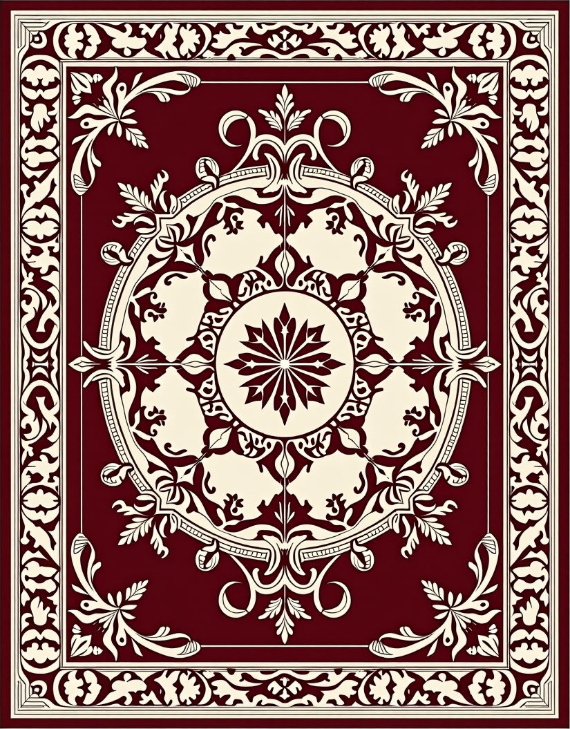 Intricate Floral Medallion Cream Maroon Design Rug
