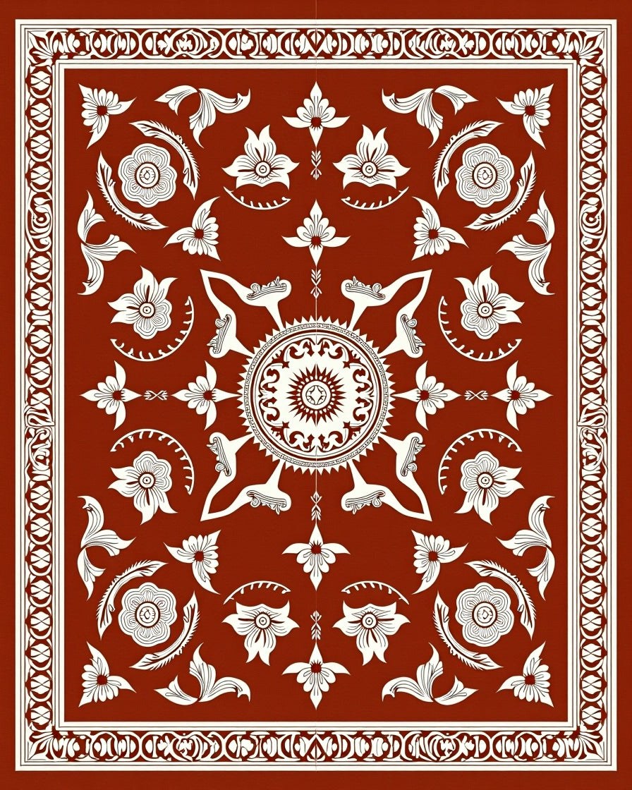 Ornate Red Floral Sunburst Pattern Rug