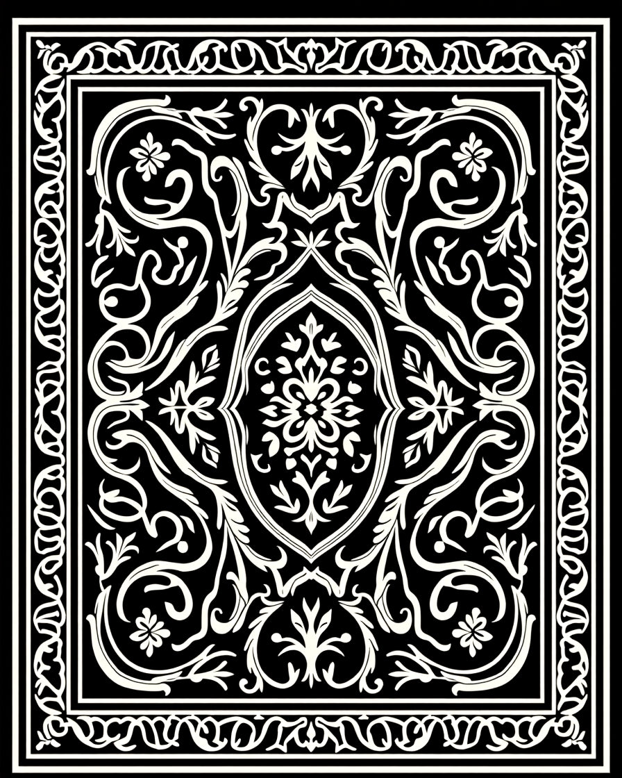 Black White Floral and Scroll Pattern Rug