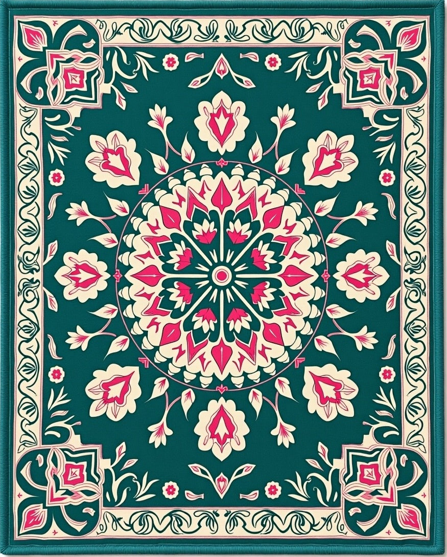 Teal Floral Mandala Inspired Rug