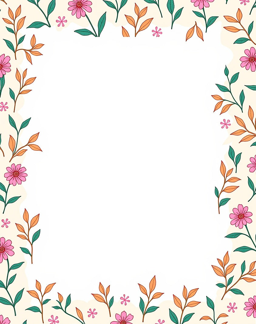 Whimsical Pink Flowers Leaves Border Rug