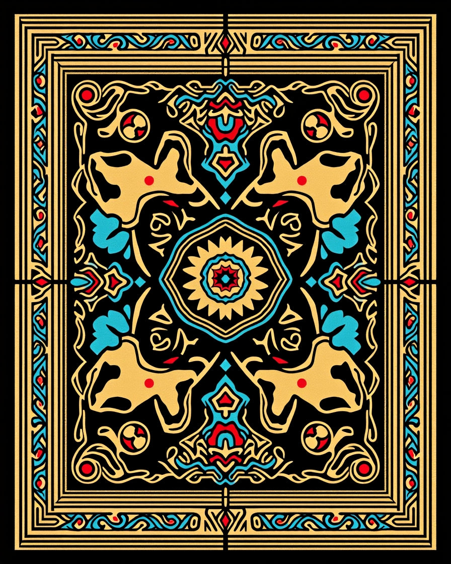 Graphic Gold Red Blue Animal Pattern Rug