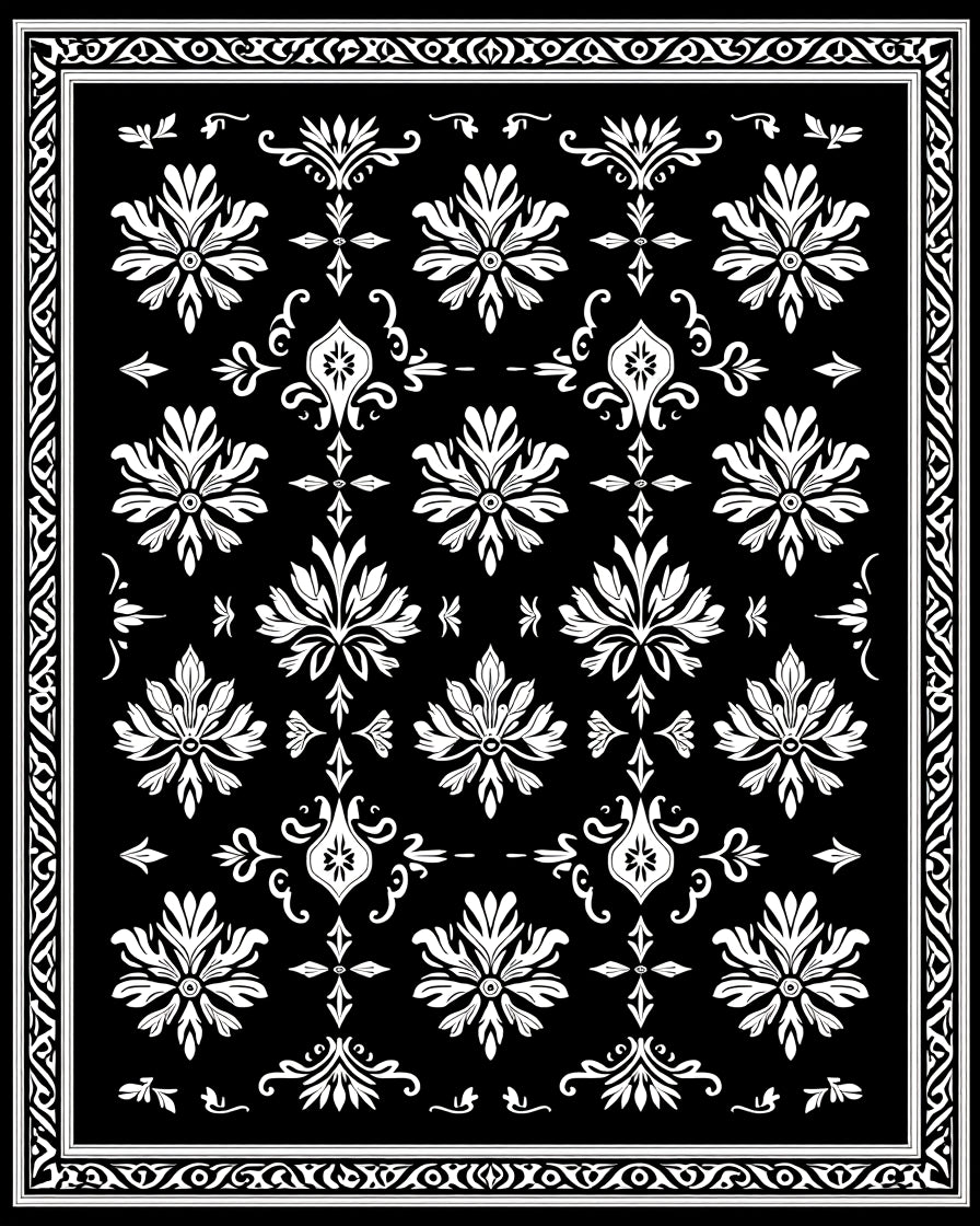 Classic Black White Floral Damask Rug