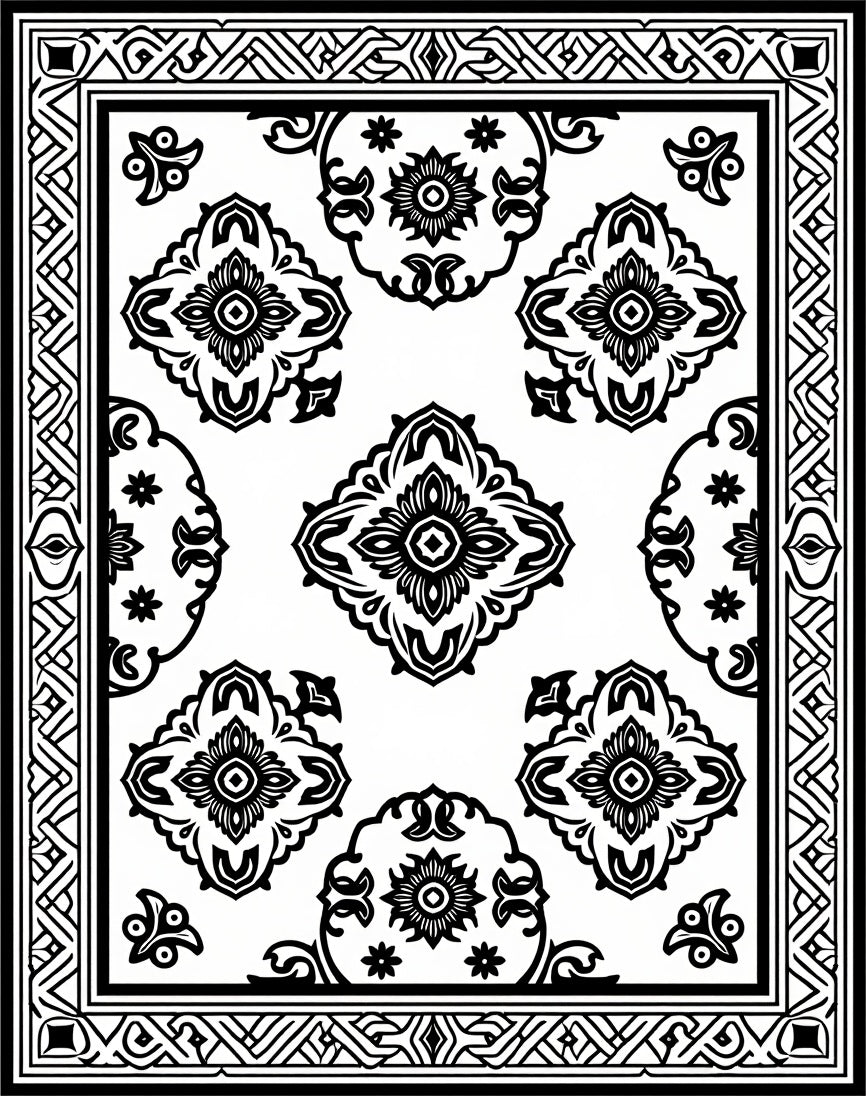 Black White Classic Damask Tile Rug