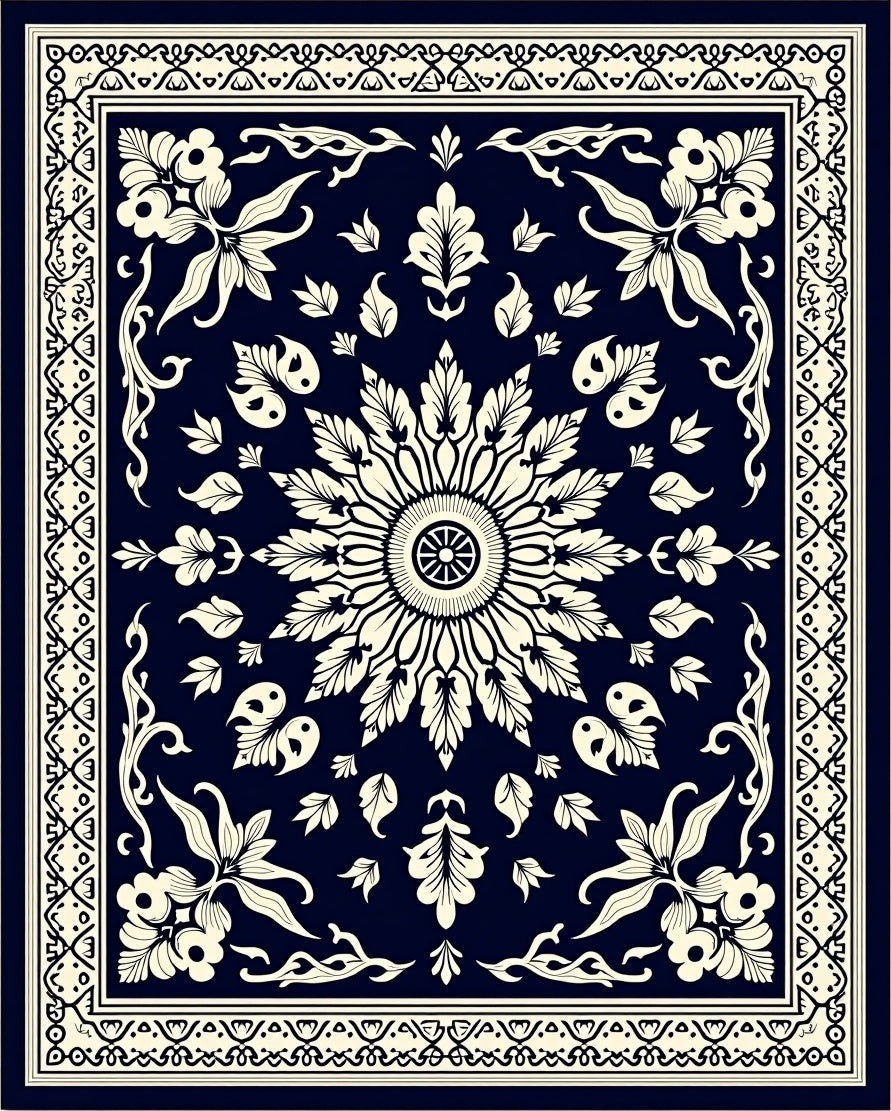 Navy Cream Floral Mandala Pattern Rug