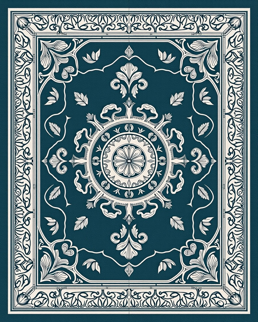 Deep Teal Ivory Intricate Floral Border Rug