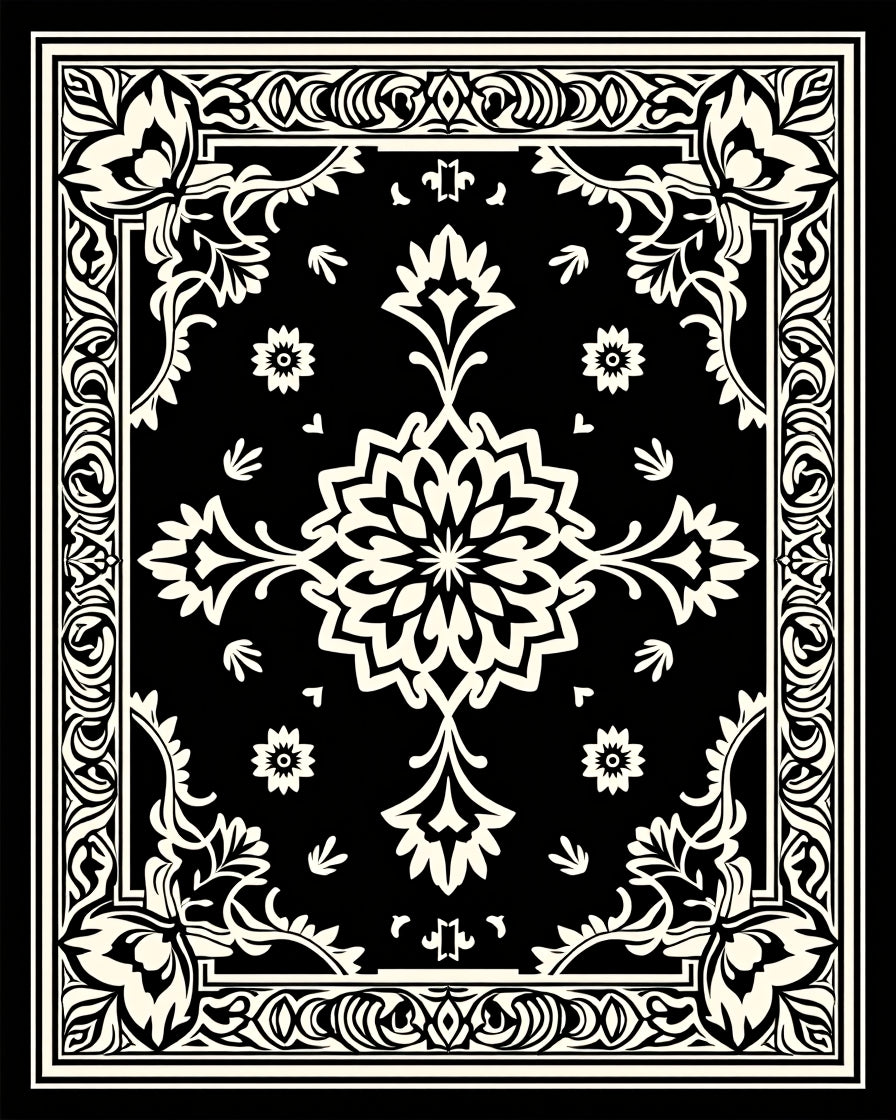 Classic Black Ivory Floral Mandala Rug