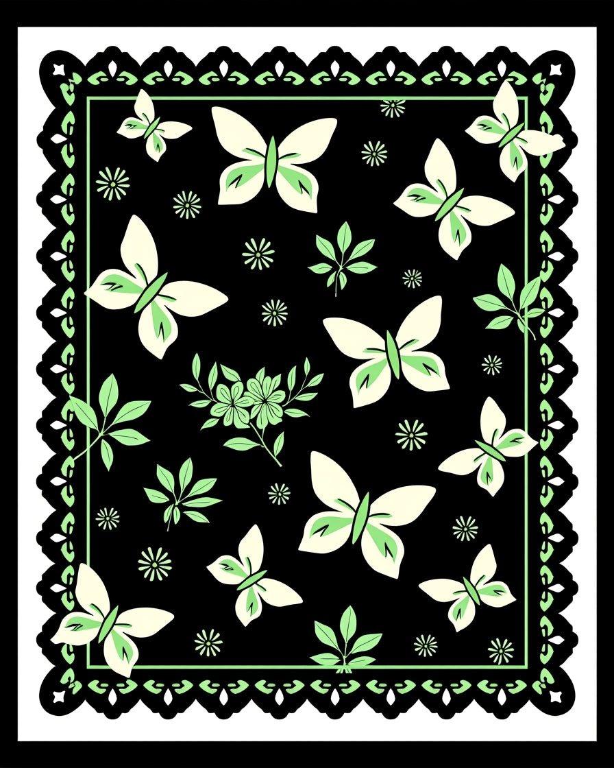 Whimsical Butterflies Flowers on Black Design Rug