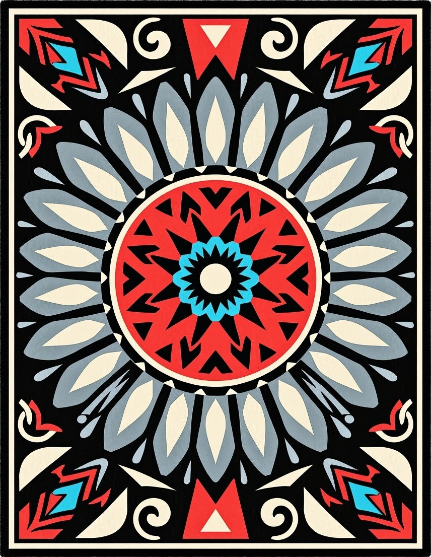 Bold Red Blue Geometric Mandala Design Rug