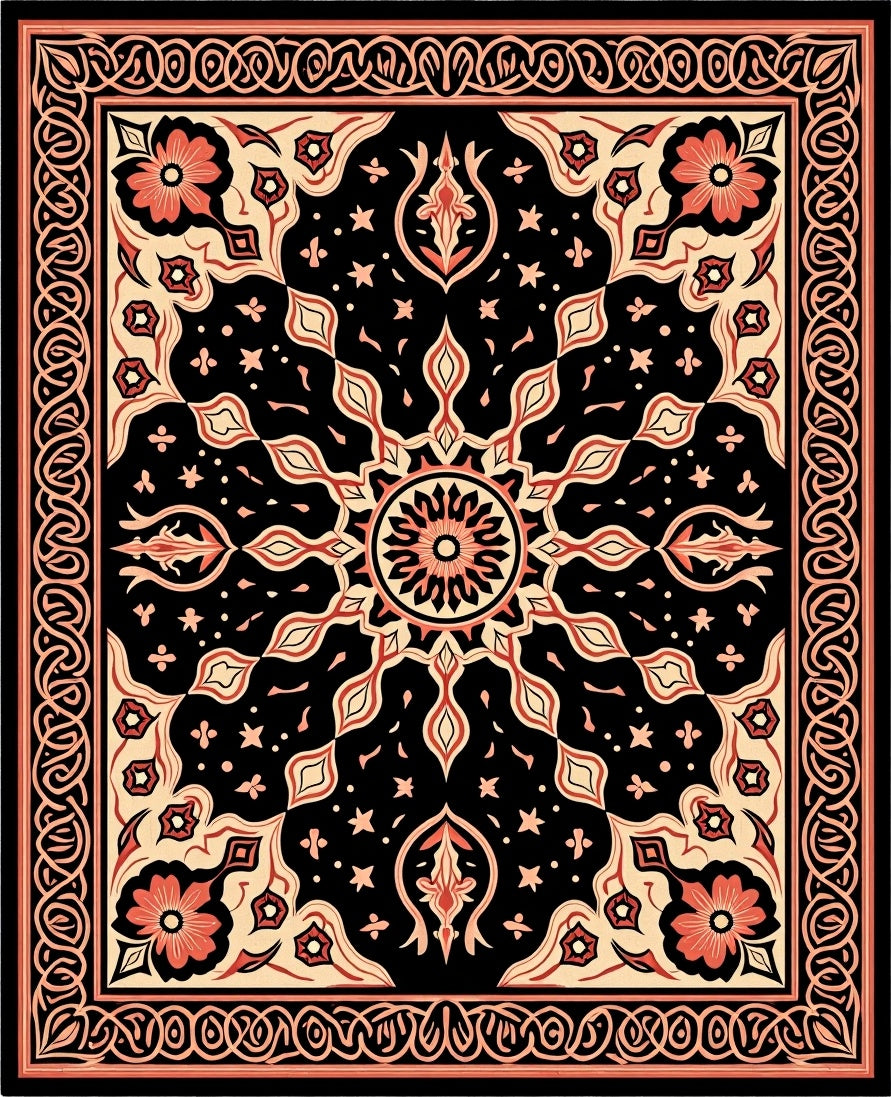 Intricate Floral Sunburst Black and Red Rug