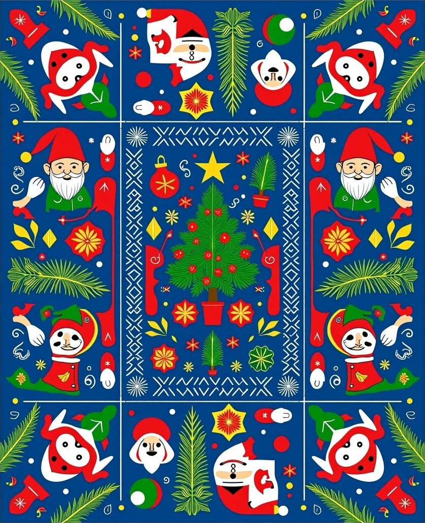 Festive Blue Christmas Folk Art Elements Rug
