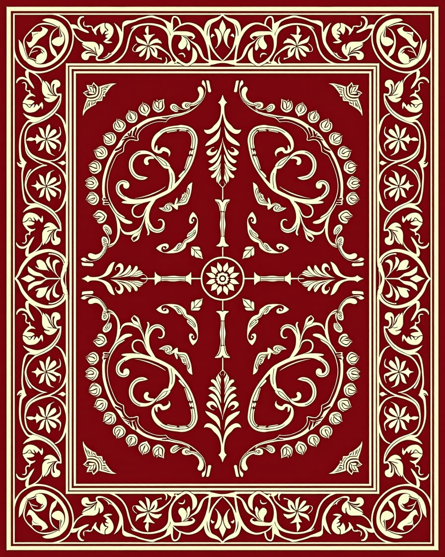 Crimson Ornamental Floral Swirl Rug
