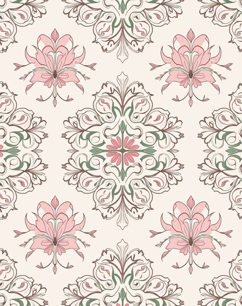 Ornate Floral Pattern In Pink And Green Rug