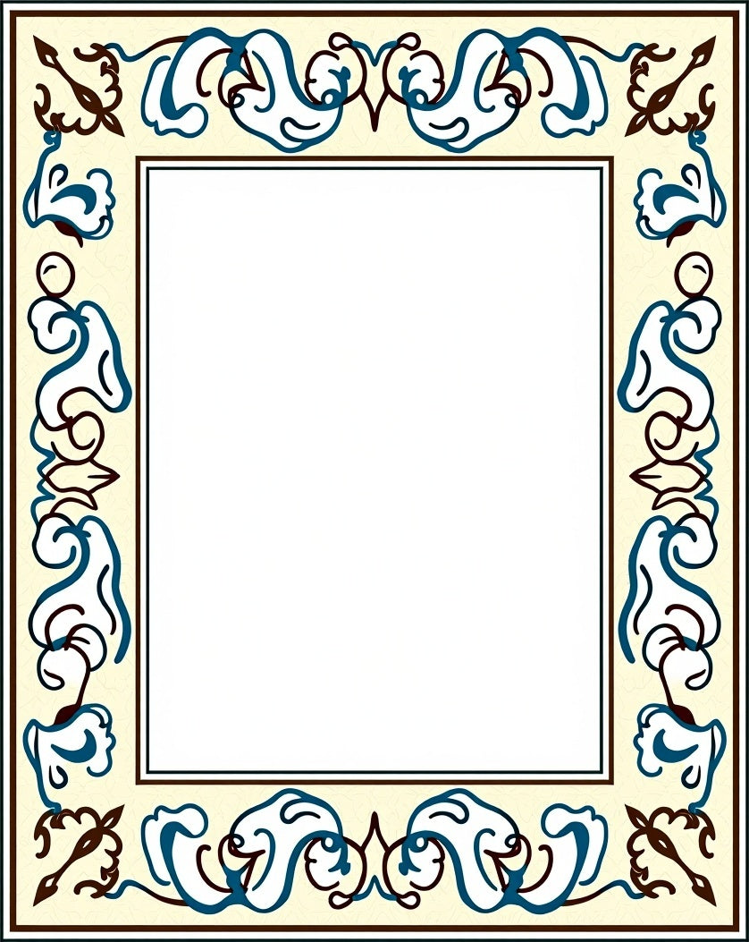 Ornate Cream Blue Brown Floral Border Rug
