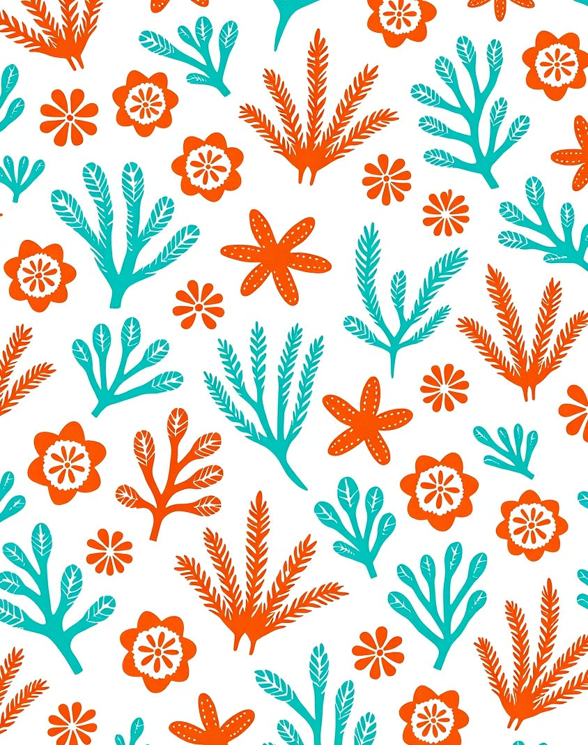 Coral and Teal Marine Life Pattern Rug