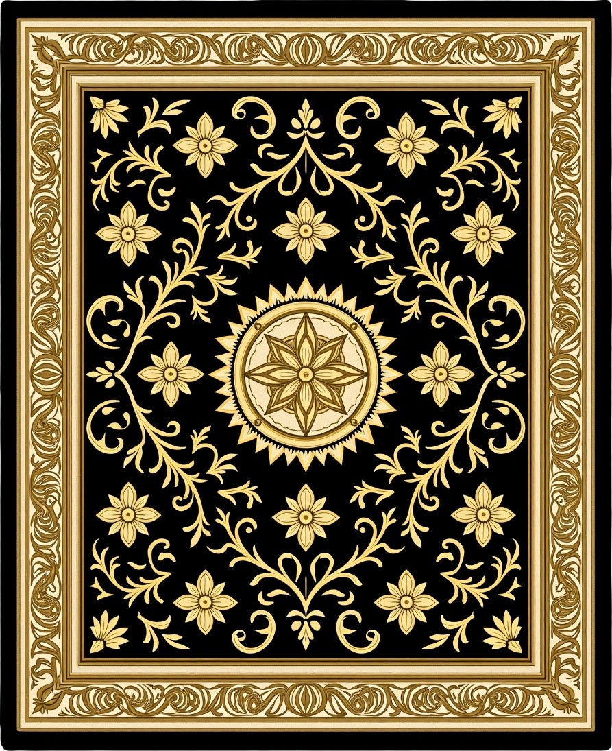 Black Gold Floral Medallion Garden Rug