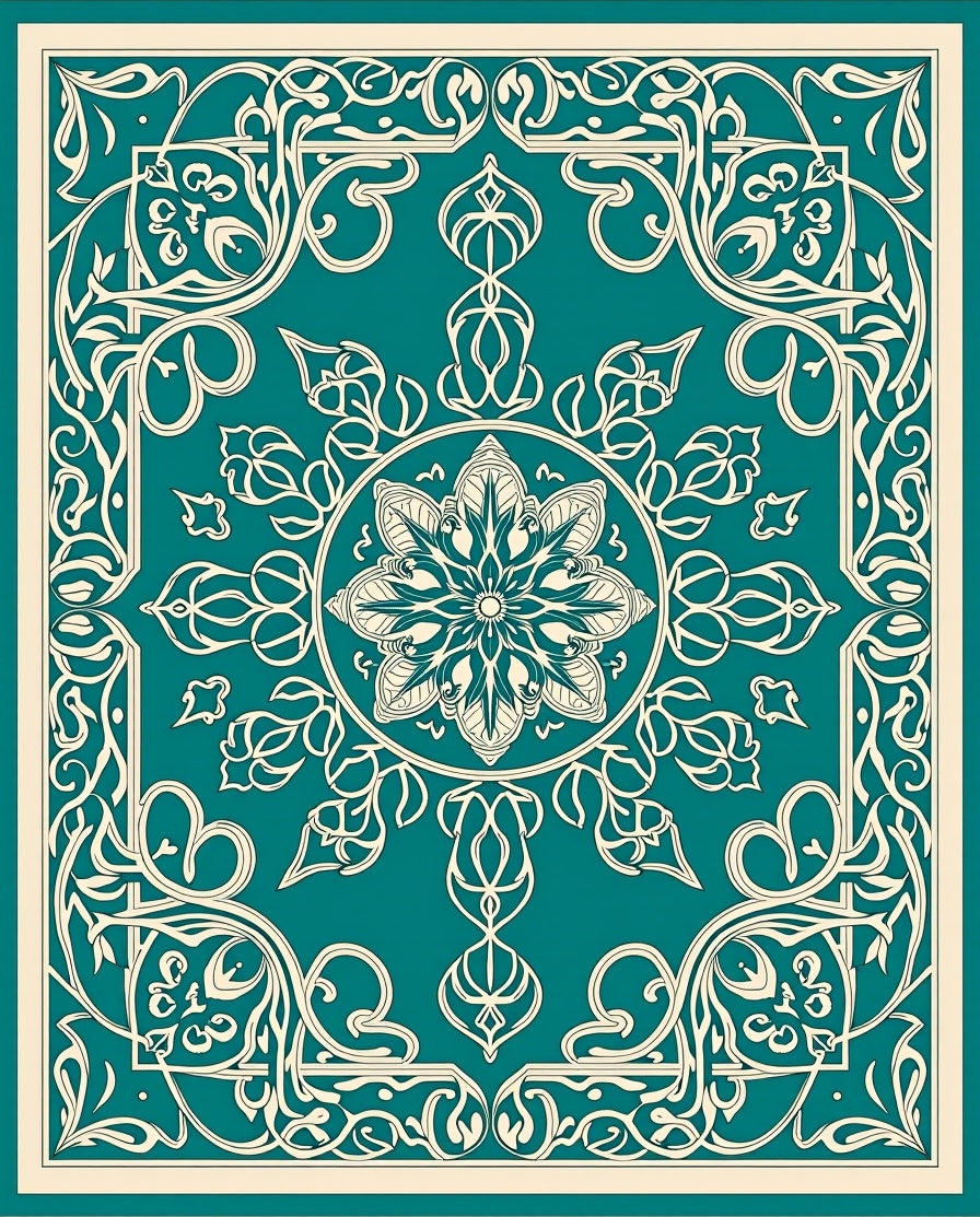 Ornate Teal Mandala Floral Design Rug