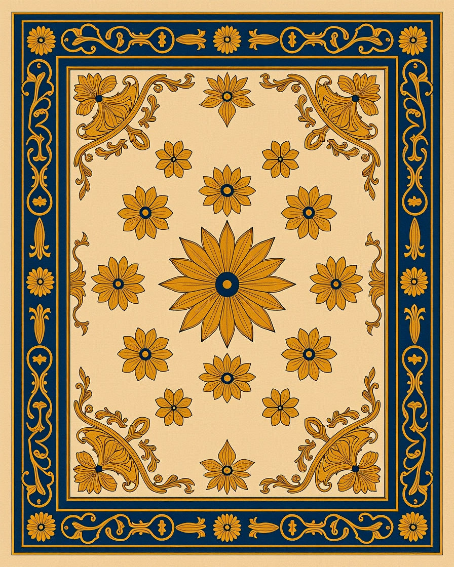 Elegant Floral Motif Blue Gold Rug