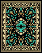 Ornate Teal Gold Floral Scroll Rug