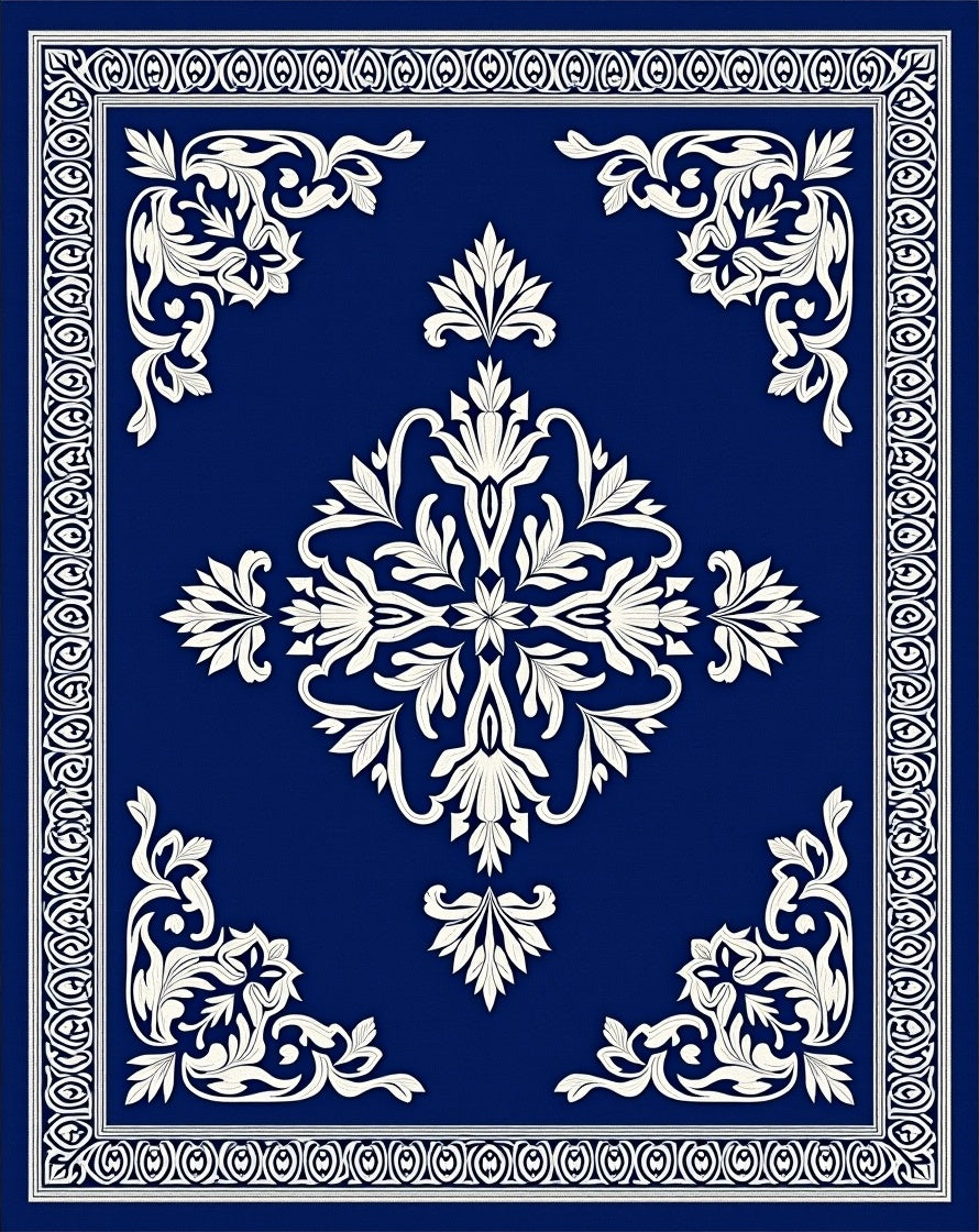 Ornate White Floral Royal Blue Rug