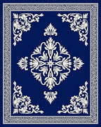 Ornate White Floral Royal Blue Rug
