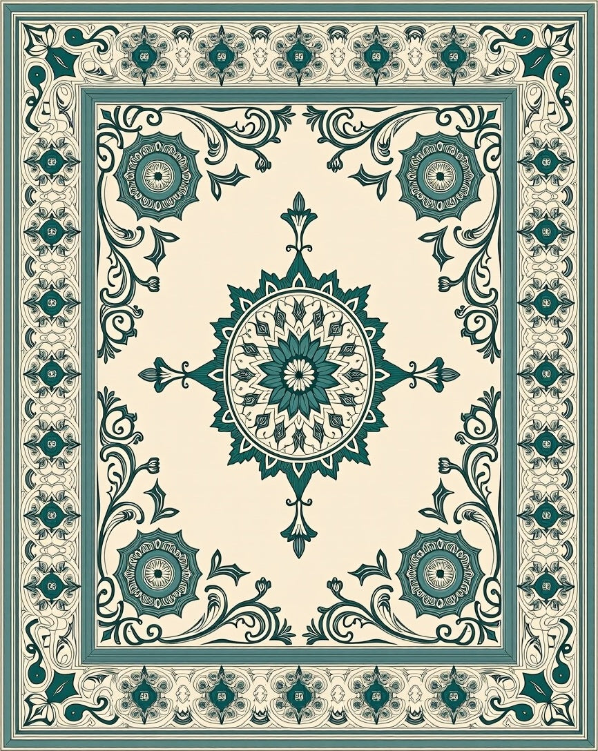 Elegant Teal Floral Medallion Patterned Rug
