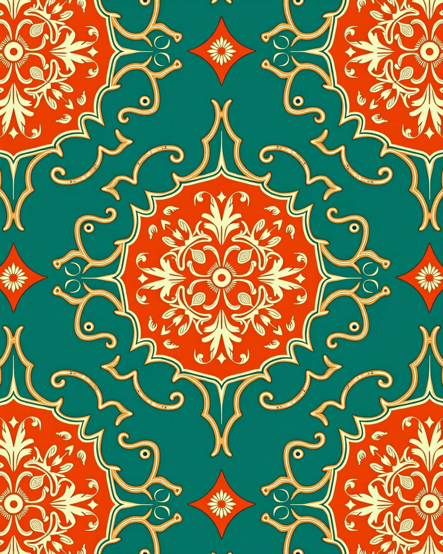 Classic Teal Orange Floral Arabesque Rug