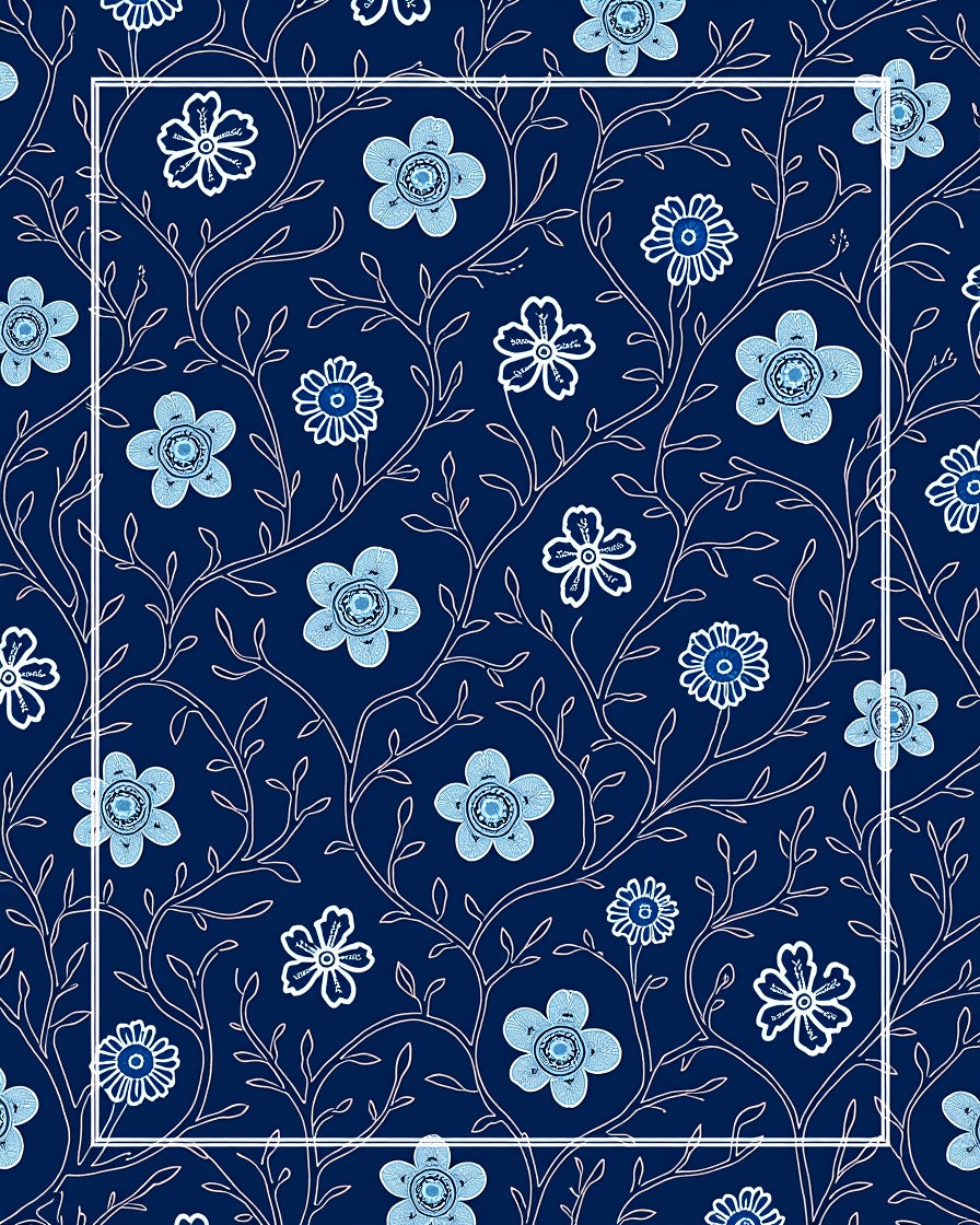 Dark Blue Floral Vine Design Rug