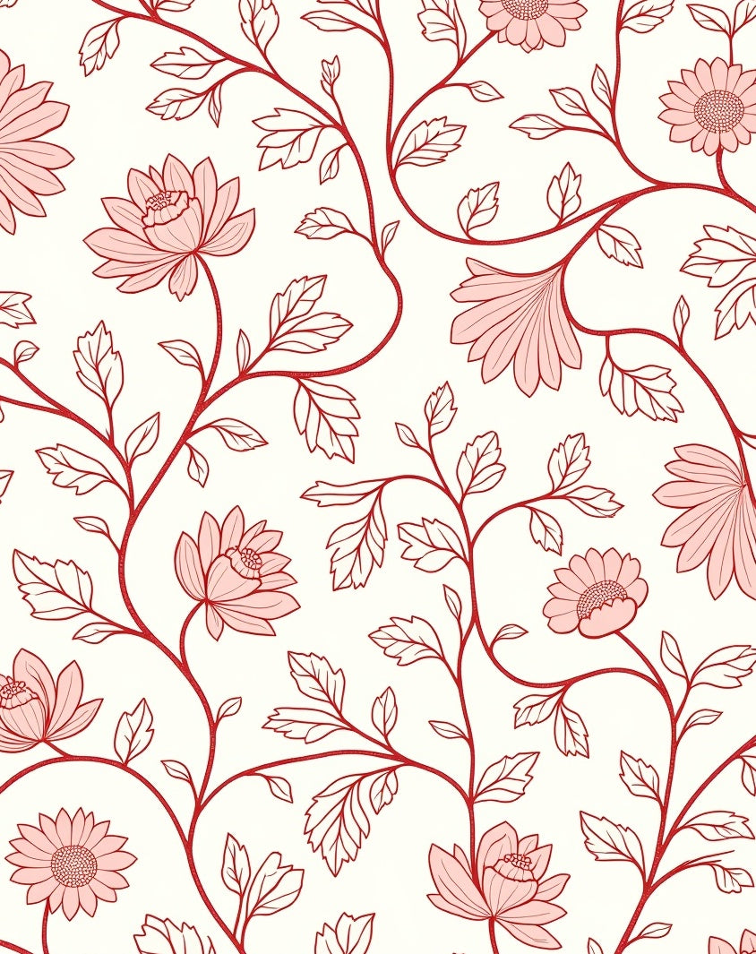 Floral Vine Patterned Red and Ivory Rug