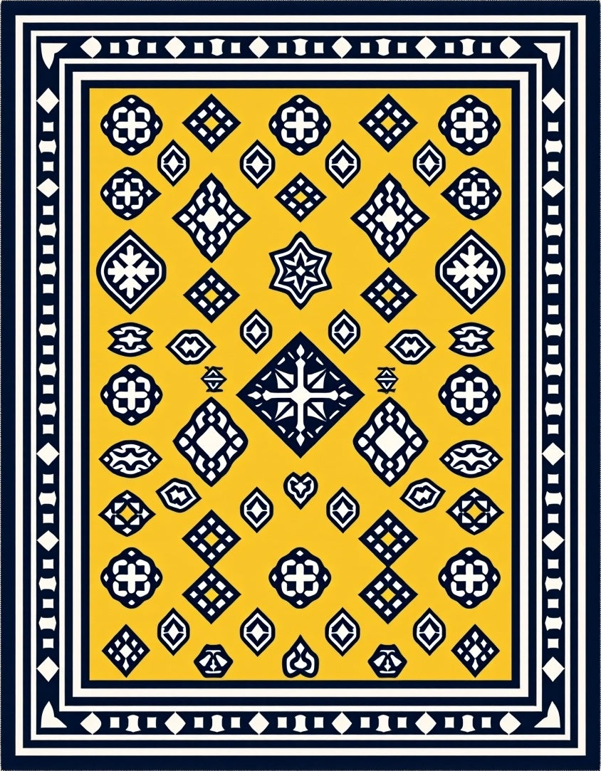 Geometric Motif Yellow Navy Area Rug