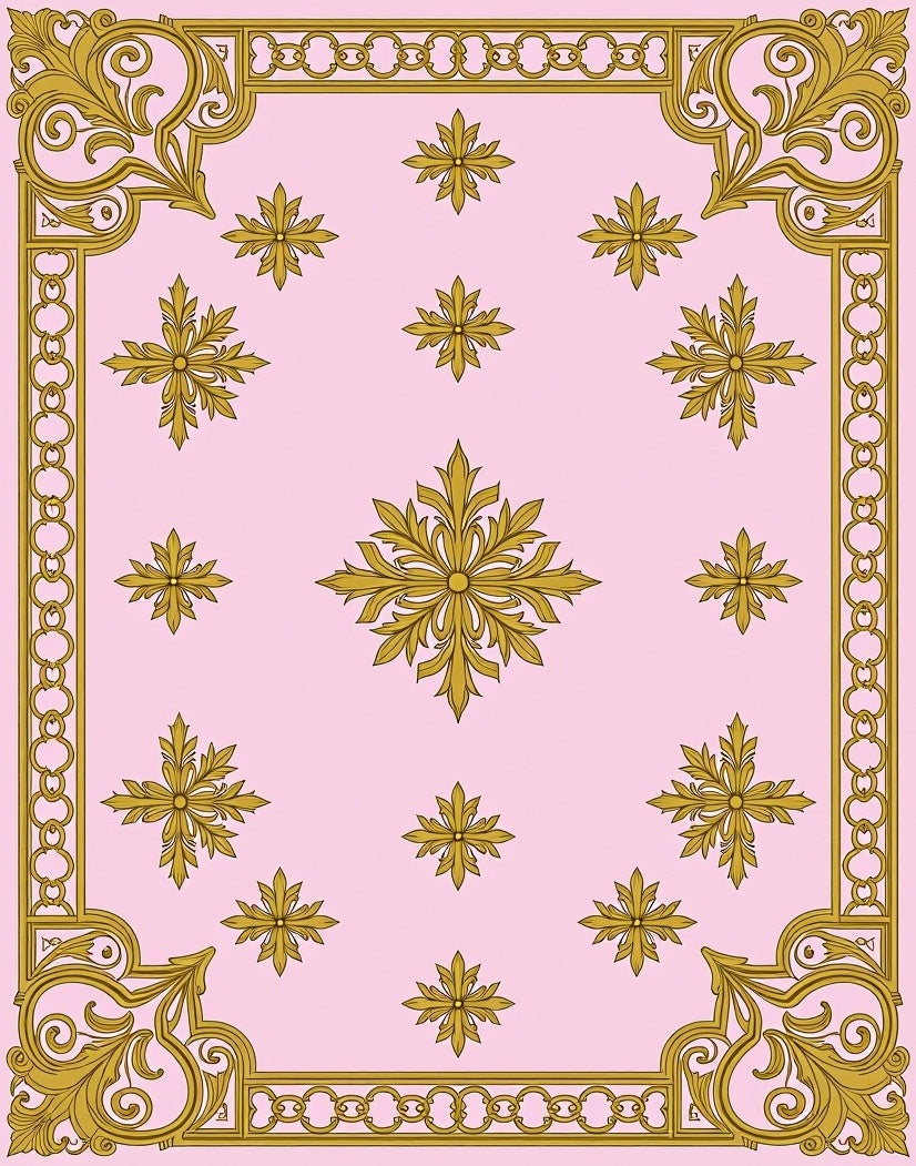 Golden Scrollwork Floral Pattern Pink Rug