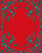 Teal Floral Swirls Red Border Design Rug