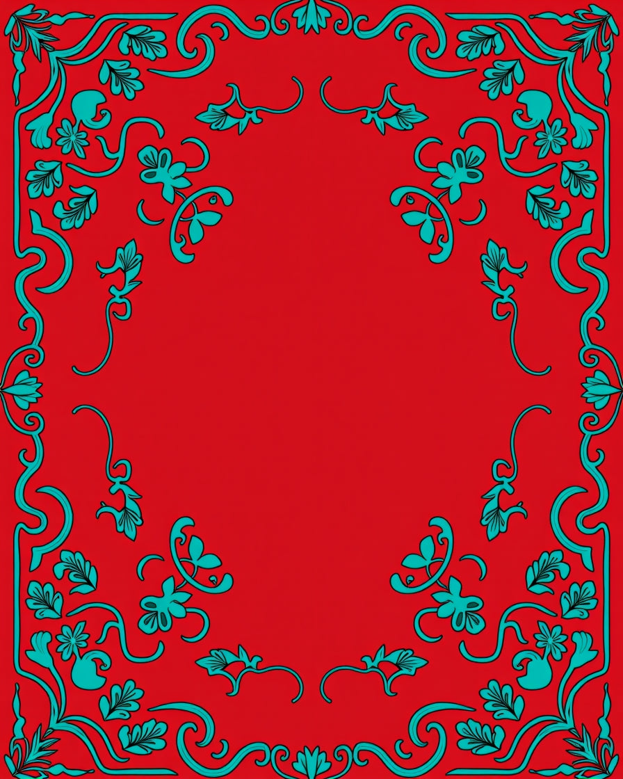 Teal Floral Swirls Red Border Design Rug
