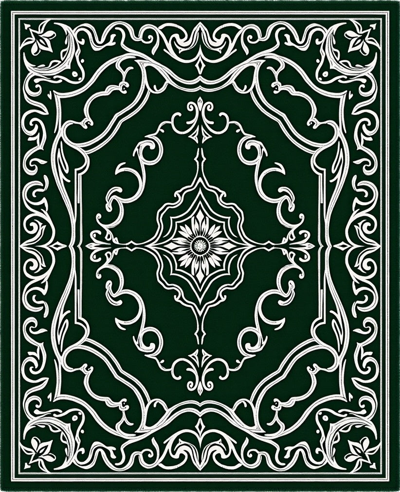 Intricate Floral Swirls on Dark Green Canvas Rug